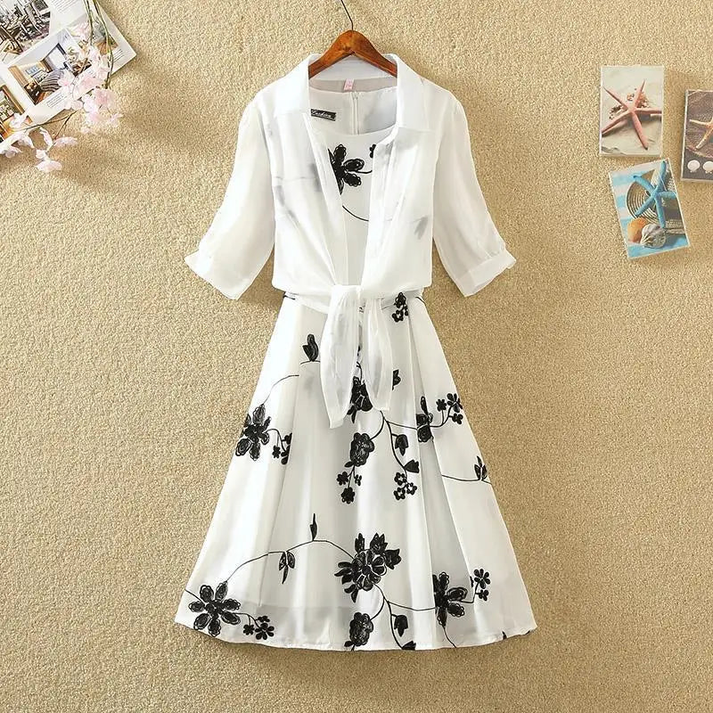 New Elegant Suit Two-piece Dress High Waist Sleeveless Slim A-line Skirt Floral Embroidery White Top Bow Belt Vintage WOMEN