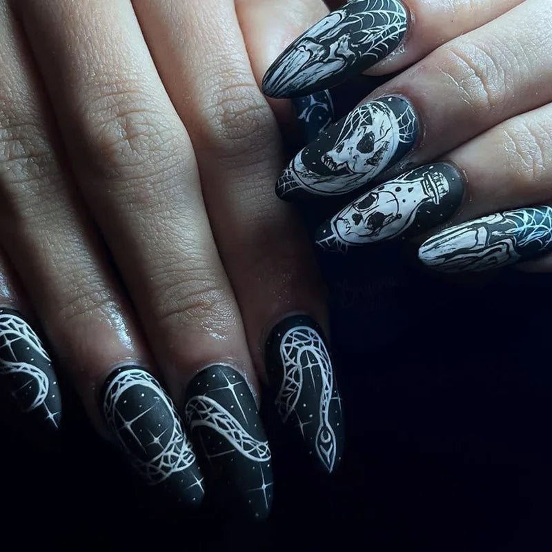 24pcs/set Short Medium fake nails for Halloween party Dead trees and crows bat Night sky Square almond tips press on false nail 2898