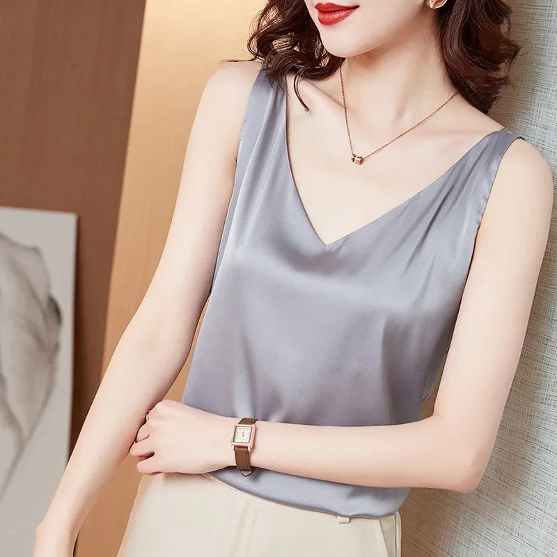 Ice Silk Camisole Women's V-neck Tops White Satin Camis Mulberry Summer Ladies' Crop Top Women Solid Blouse Vest Grey