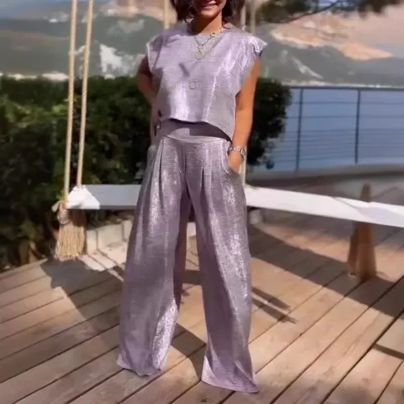 Plus Size Women's 0XL-5XL Summer Casual Sleeveless Fashion Comfortable Women's Glossy Tank Top Wide Leg Pants Two Piece Set