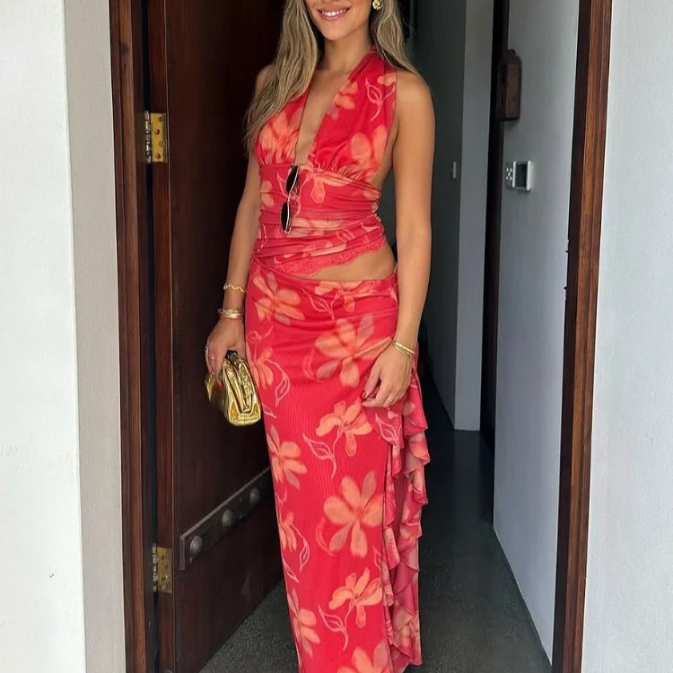 2025 Summer Retro Red Printing Slim Halter Tops Suit Elegant Lady Side Slit Ruffles Lace Midi Skirts Set New Vocation Beach Wear