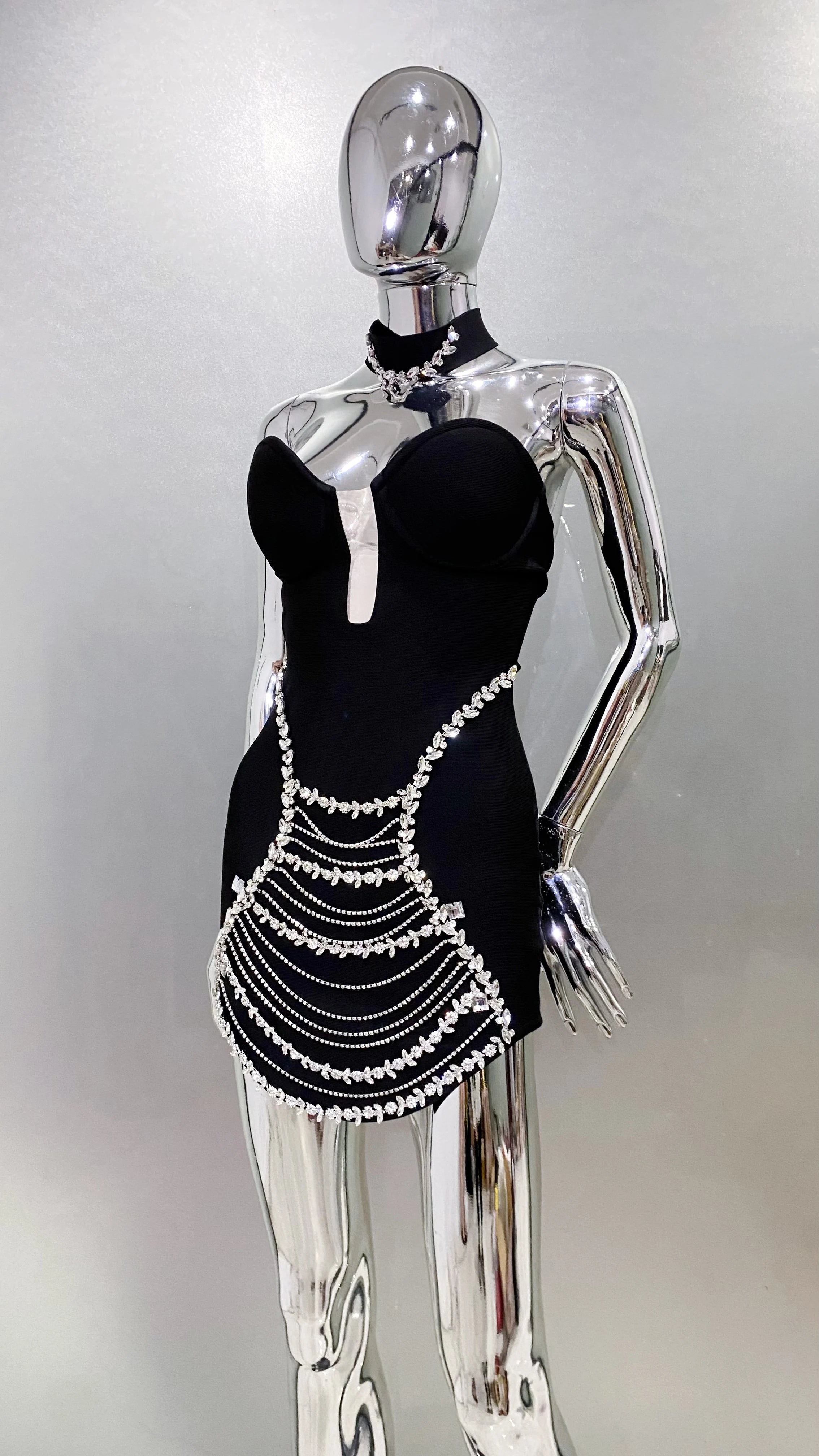 New Stylish Necklace Shining Diamonds Strapless Black Bandage Mini Dress Fashion Woman Party Vestido Celebrity Birthday Outfit