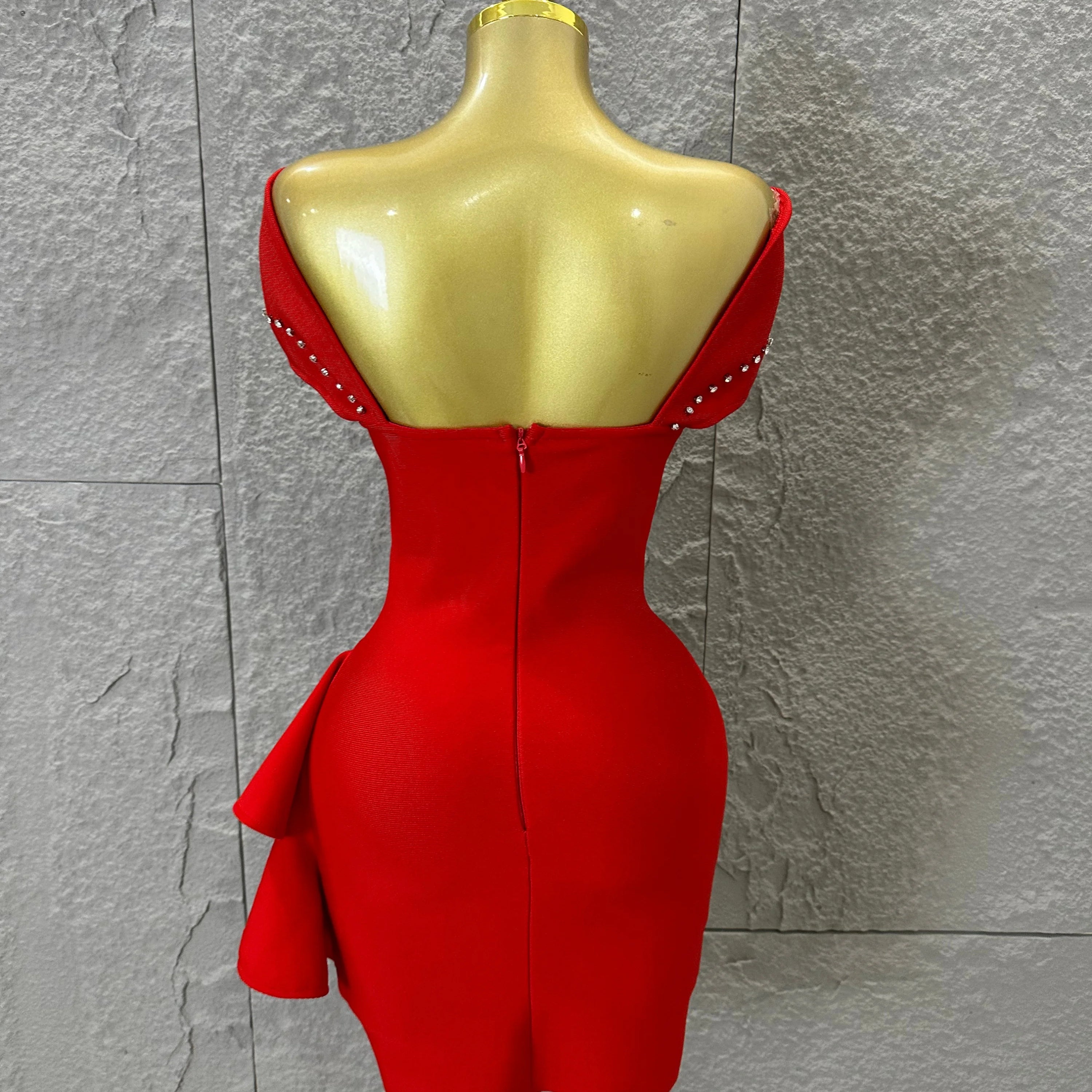 Elegant Black Red Off-Shoulder Mini Dress Women Sexy Crystal Embellished Ruffle Waist Bodycon Outfit Formal Event Party Costume