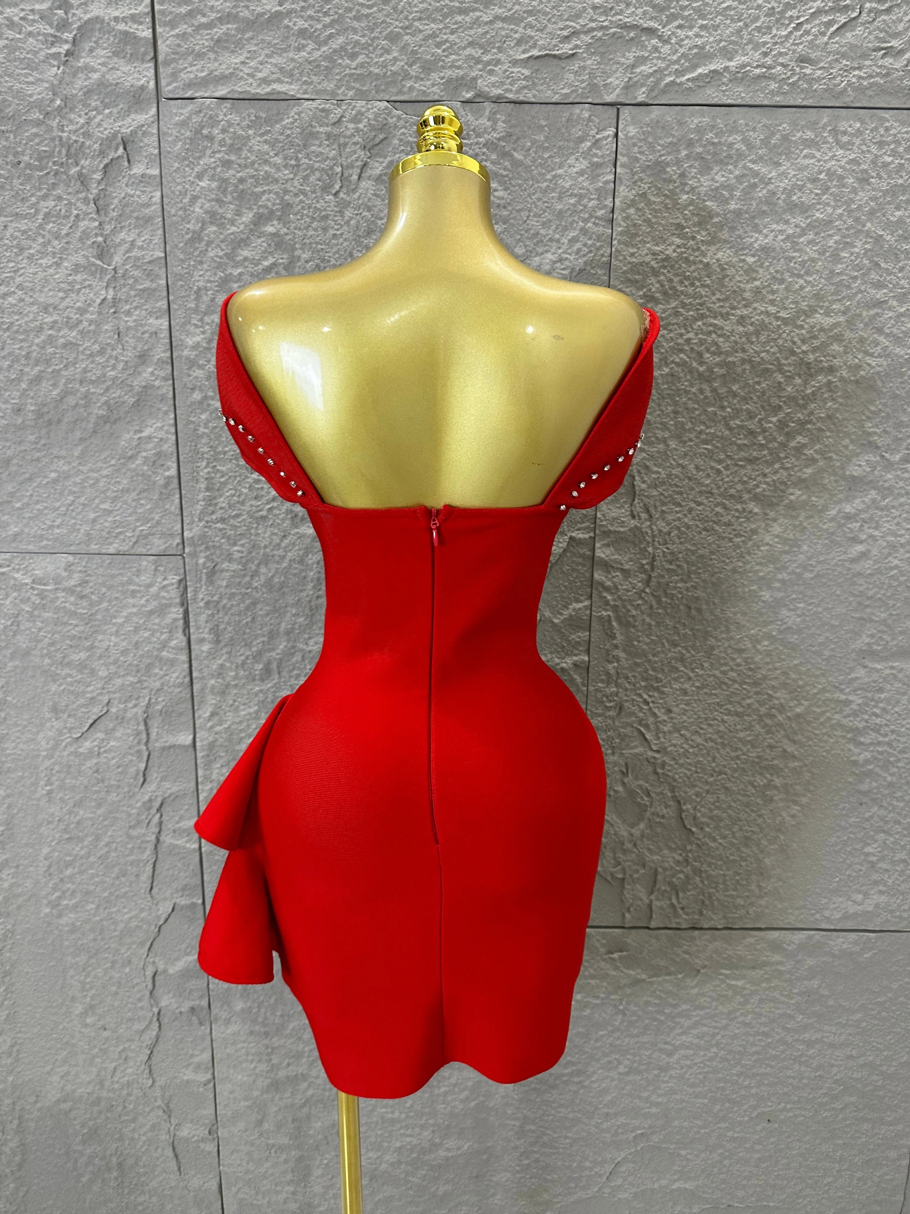Elegant Black Red Off-Shoulder Mini Dress Women Sexy Crystal Embellished Ruffle Waist Bodycon Outfit Formal Event Party Costume