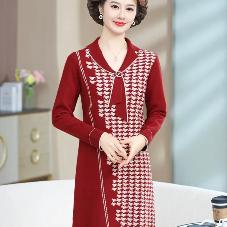 Temperament Lapel Women's Long Sweater 2024 Autumn And Winter New Comfortable Wool Knit Dress Ladies Pullover