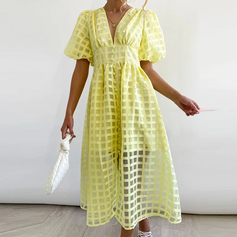 Summer Multicolor Lantern Short Sleeve Long Dress Elegant Ladies Solid V Neck Big Hem Dress Fashion Mesh Plaid High Waist Dress Yellow