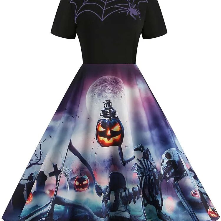 Women Halloween Costumes Dresses Short Sleeve Print 2024 Autumn Winter Vintage Party Dress Vestidos