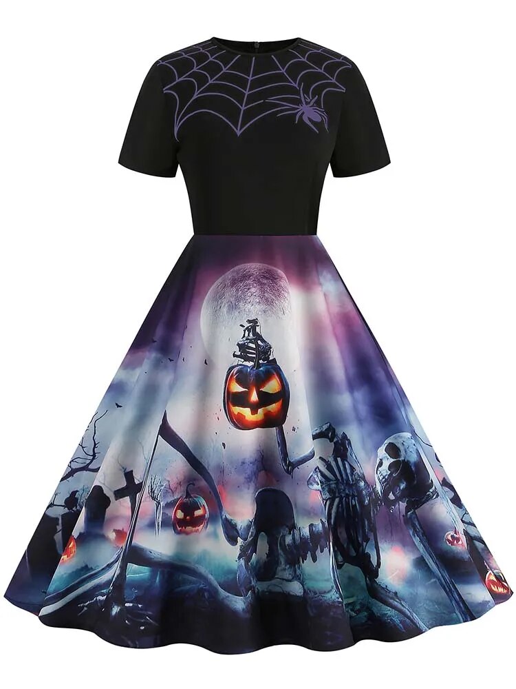 Women Halloween Costumes Dresses Short Sleeve Print 2024 Autumn Winter Vintage Party Dress Vestidos