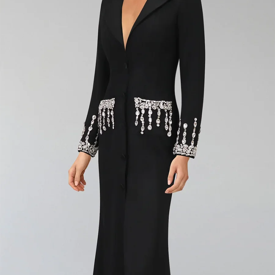 Solid Slimming Spliced Diamonds Dresses for Women Lapel Long Sleeves Patchwork Single Breasted Dress Female Fashion