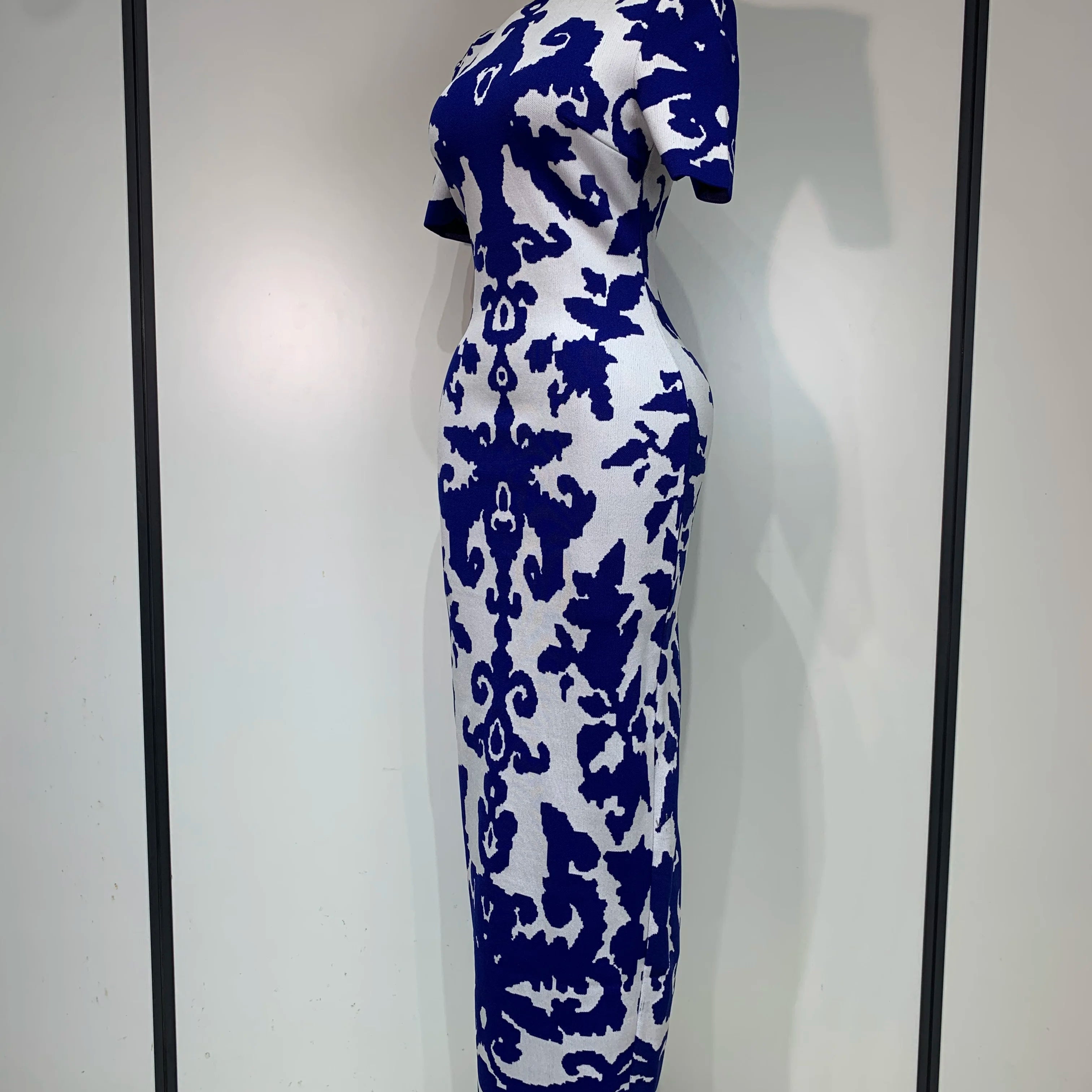 Women Sexy Short Sleeve Jacquard Blue Maxi Long Bodycon Bandage Dress 2025 Celebrity Elegant Evening Club Party Luxury Dresses