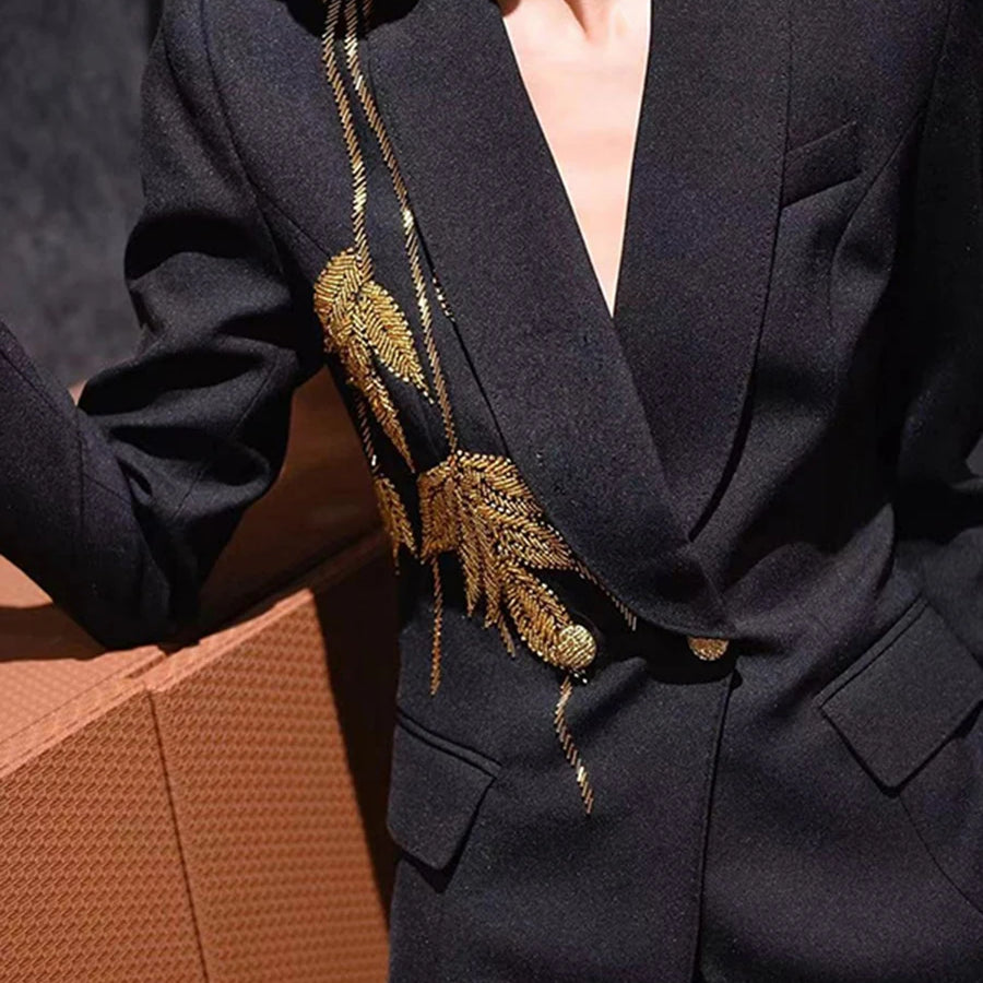 Solid Slimming Two Piece Sets for Women Lapel Long Sleeve Patchwork Bead Top High Waist Pant Temperament Set Female