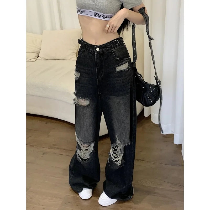 Trendy High Waisted Ripped Jeans for Women, Black Denim Pants with Unique Hole Washed Vibe Gothic Style Baggy Rip Jeans Woman