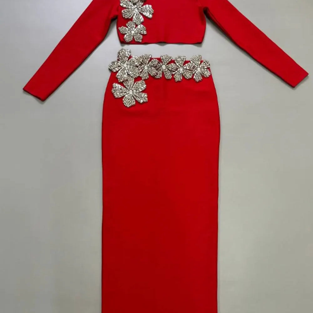 2024 Sexy Women's Bandage Skirt Set Stand up Collar Long Sleeve Nail Bead Water Diamond Short Top+Long Dress Two Piece Set Red