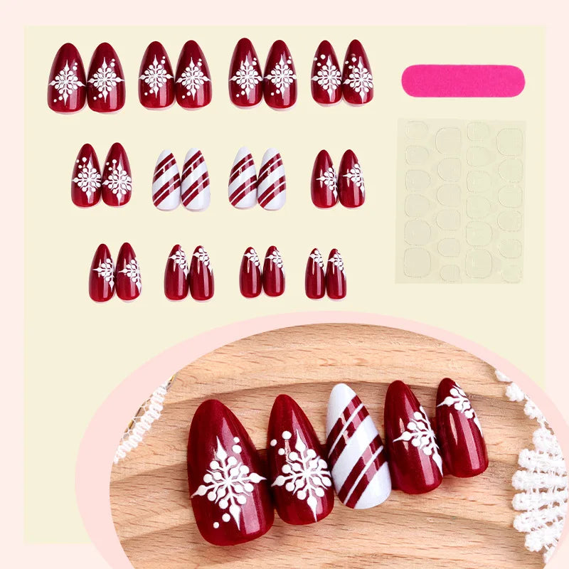 Christmas Fakse Nails 24Pcs Glossy Red Almond Press On Nails Snowflake/Striped Printed Women New Year Party Charm Manicure