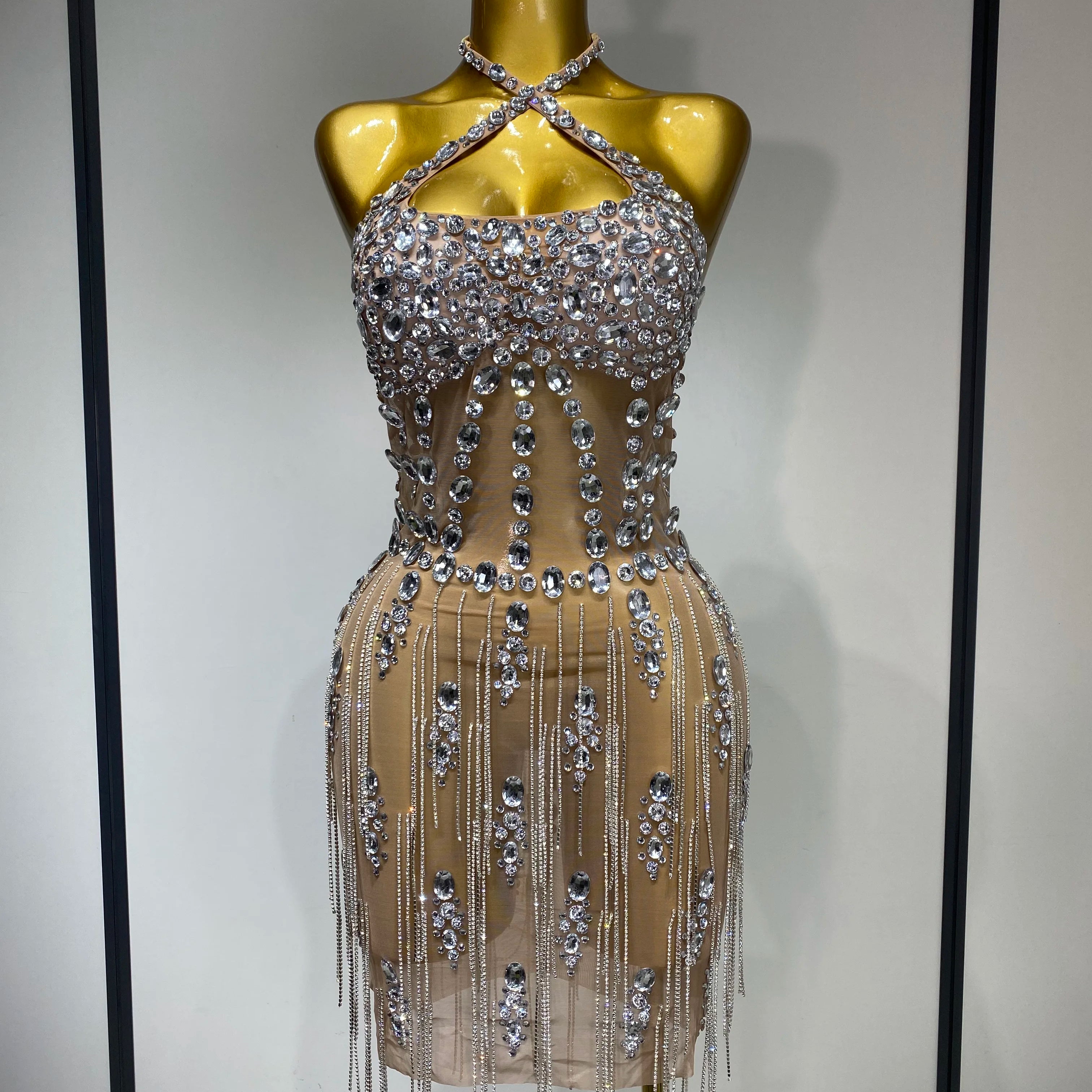 Luxury Rhinestone Evening Party Dress Women Sexy Halter See Through Mesh Luxury Birthday Gowns Nightclub Singer Stage Outfit Beige