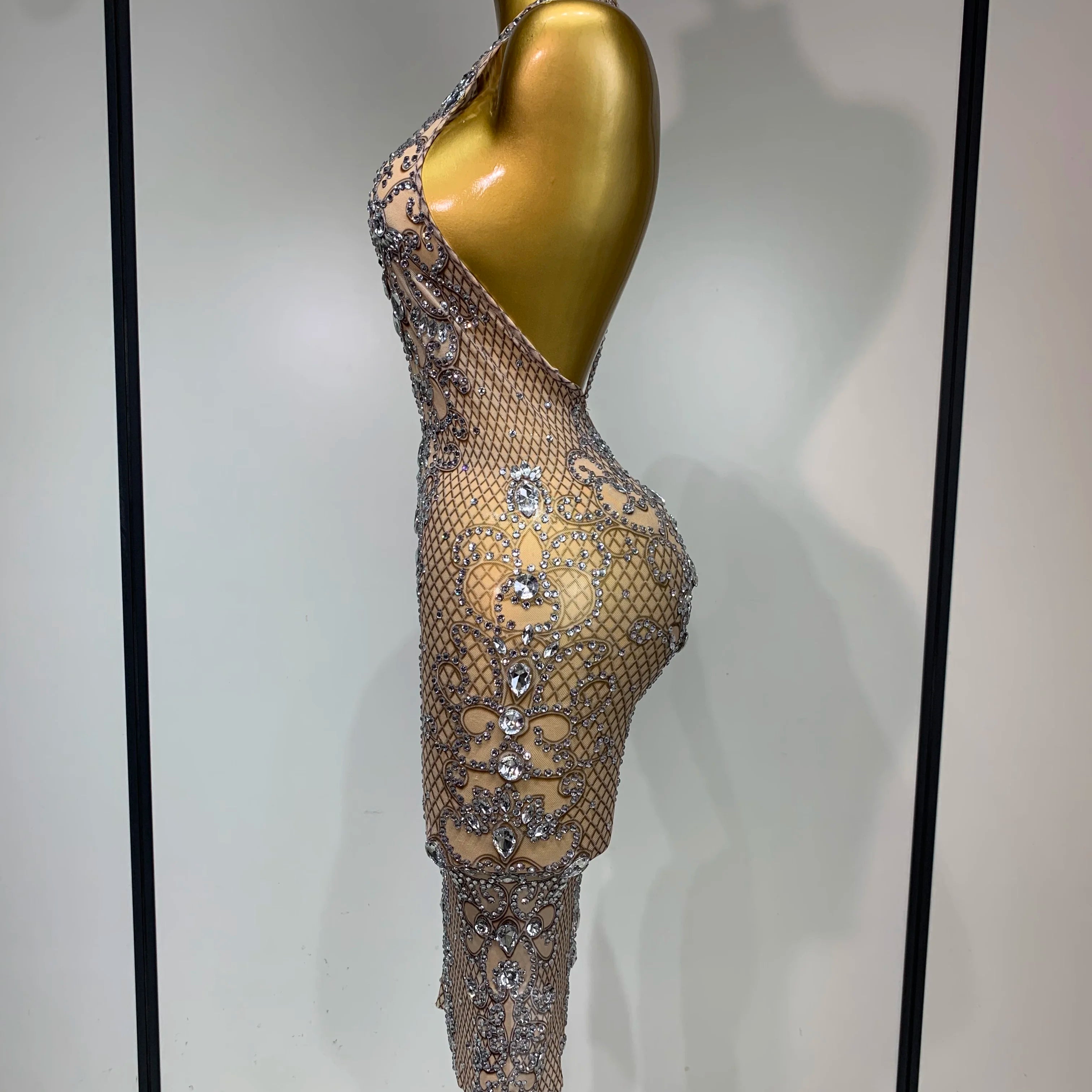 Women Sexy Backless Mesh Crystal Diamonds Performance Costume Stage Dancer See Through Stretchy Nightclub Evenig Party Dresses