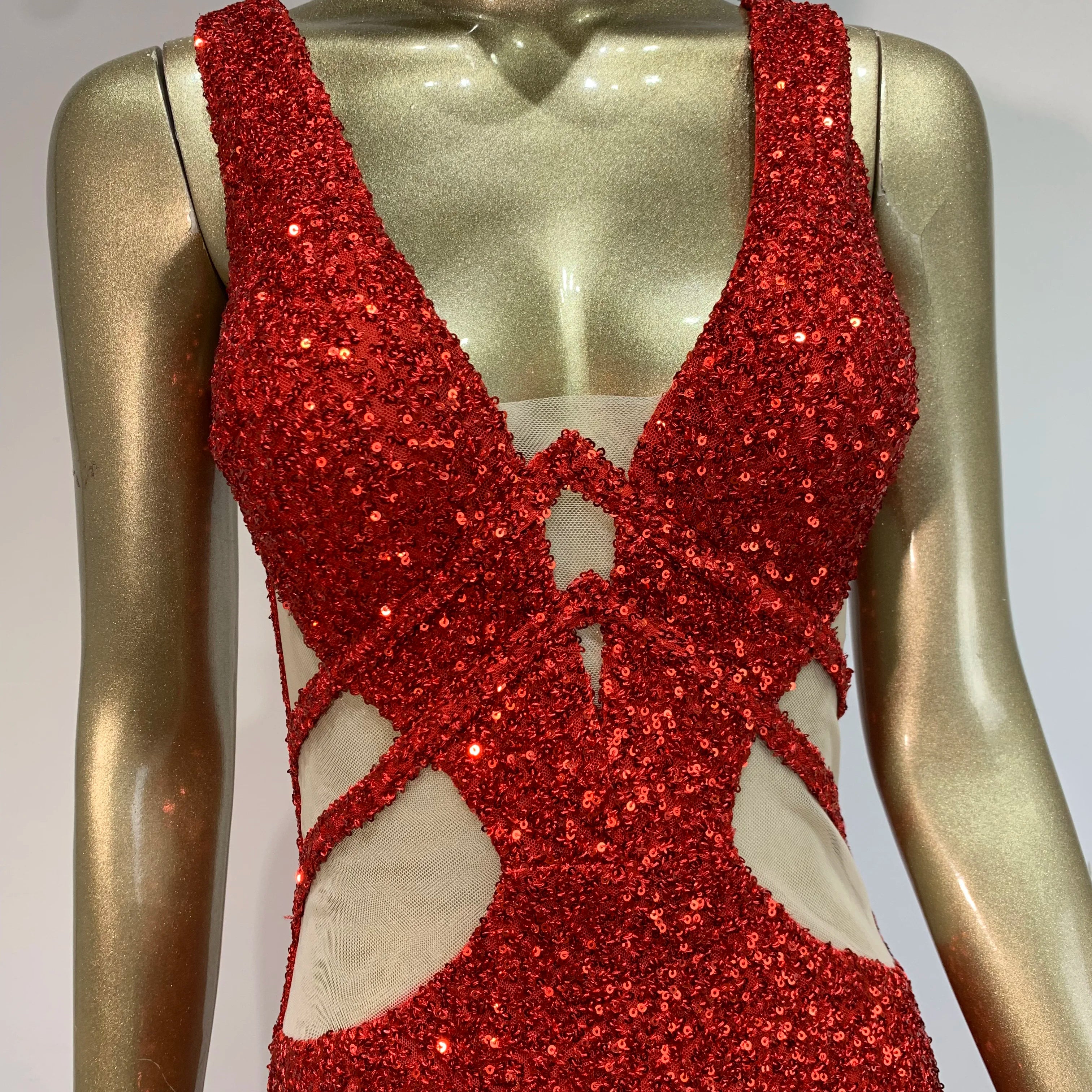 Women Luxury Sexy V Neck Cut Out Red Sequins Maxi Long Gowns Dress 2024 Elegant Evening Party Club Dress Vestido