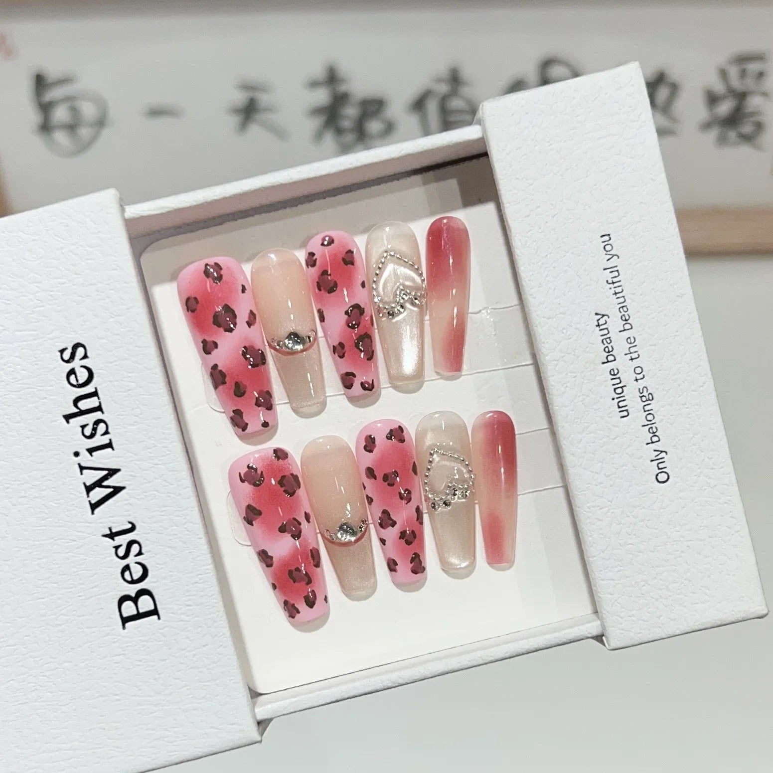 Long Handmade Press on Nails Sweet Cool Pink Leopard Pattern Cat Eye French Nail Spice Girl Detachable Nails Fashion Nails 10Pcs
