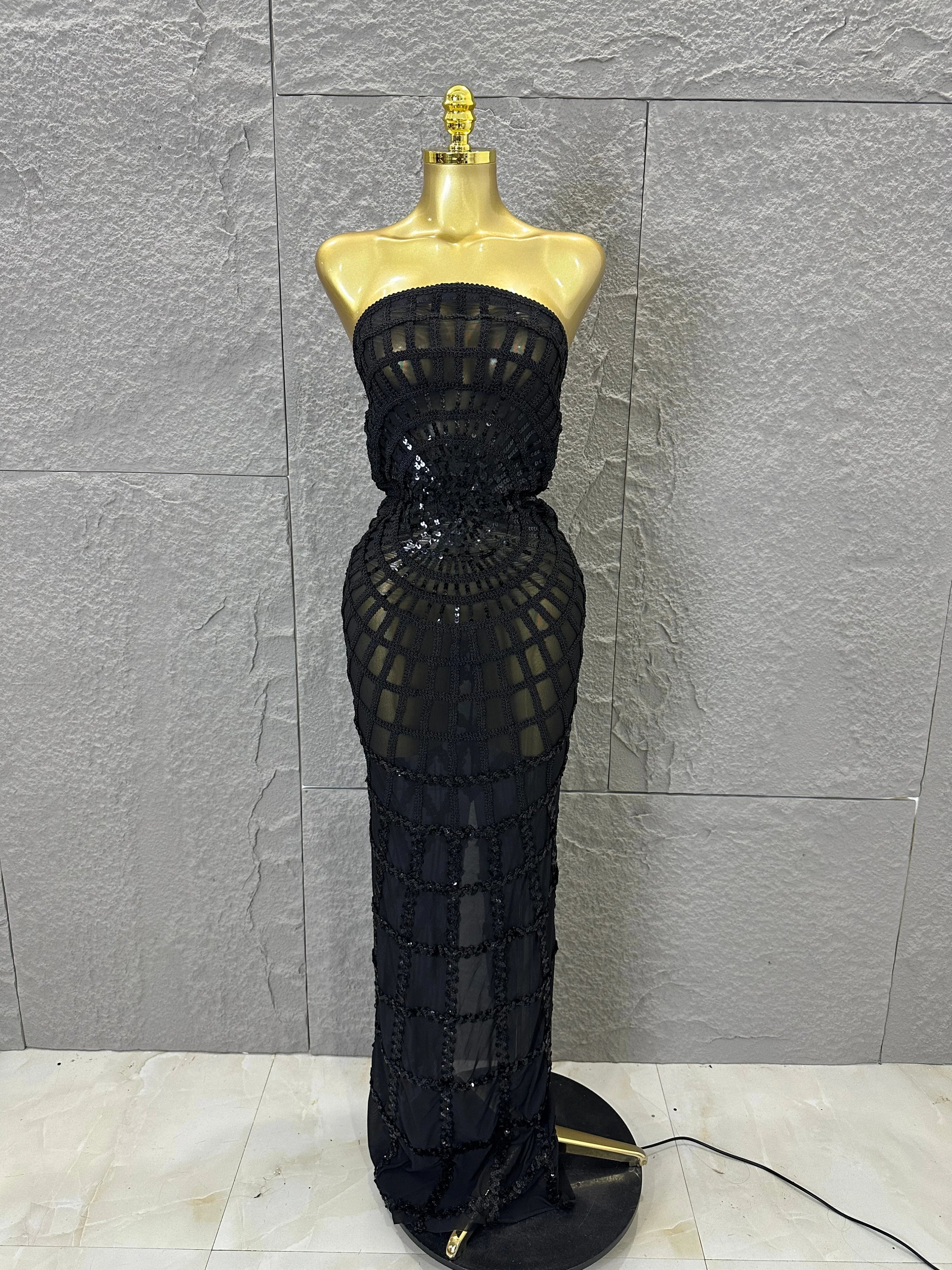Women Sexy Strapless 3D Grid Embellished Bodycon Mermaid Outfit Stage Performance CostumeElegant Sequined Sheer Mesh Maxi Dress black