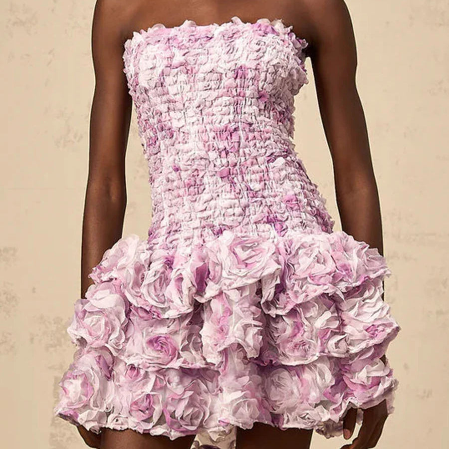 Colorblock Fashion Temperament Dresses for Women Strapless Sleeveless Patchwork 3D Flowers Dress Female Clothing