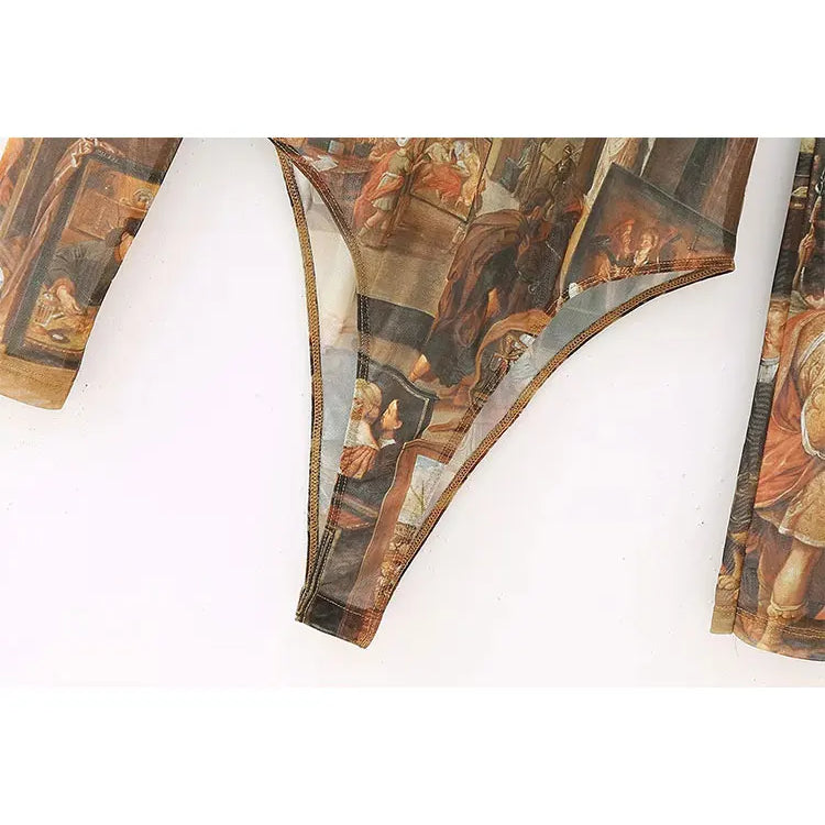 TELLHONEY Women Fashion O-Neck Print Long Sleeves Rompers Female Casual Sexy Slim Fitting Hidden Breasted Rompers