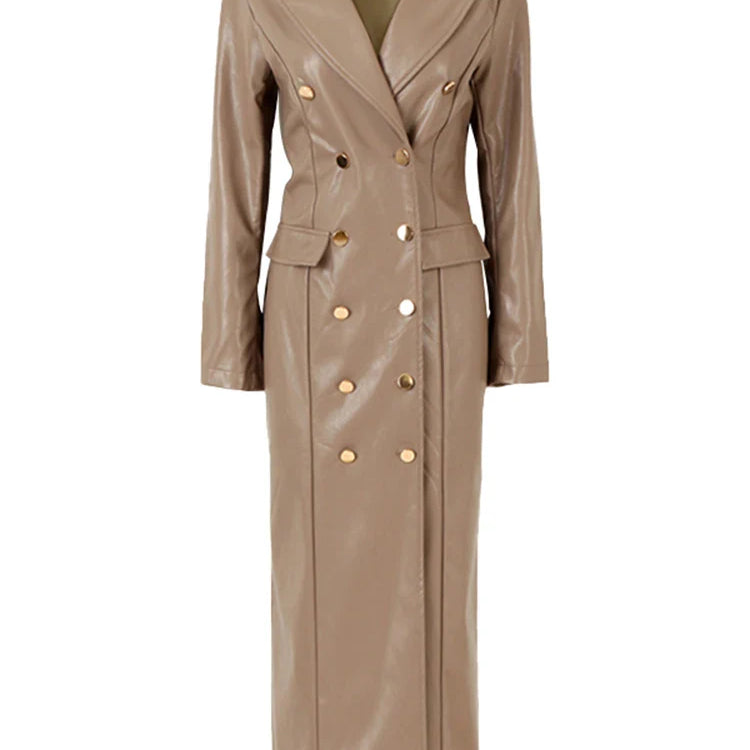 Spring Autumn Extra Long Black Faux Leather Trench Coat for Women Double Breasted Luxury Elegant British Fashion 2022