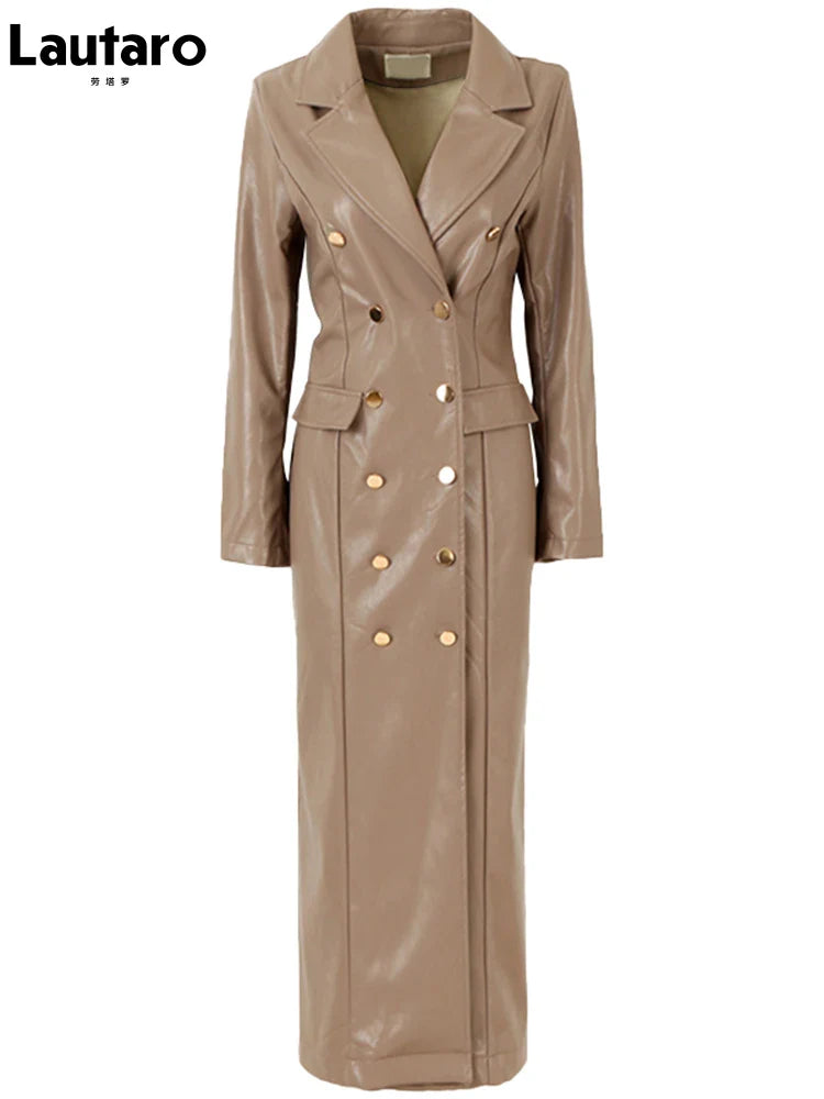 Spring Autumn Extra Long Black Faux Leather Trench Coat for Women Double Breasted Luxury Elegant British Fashion 2022