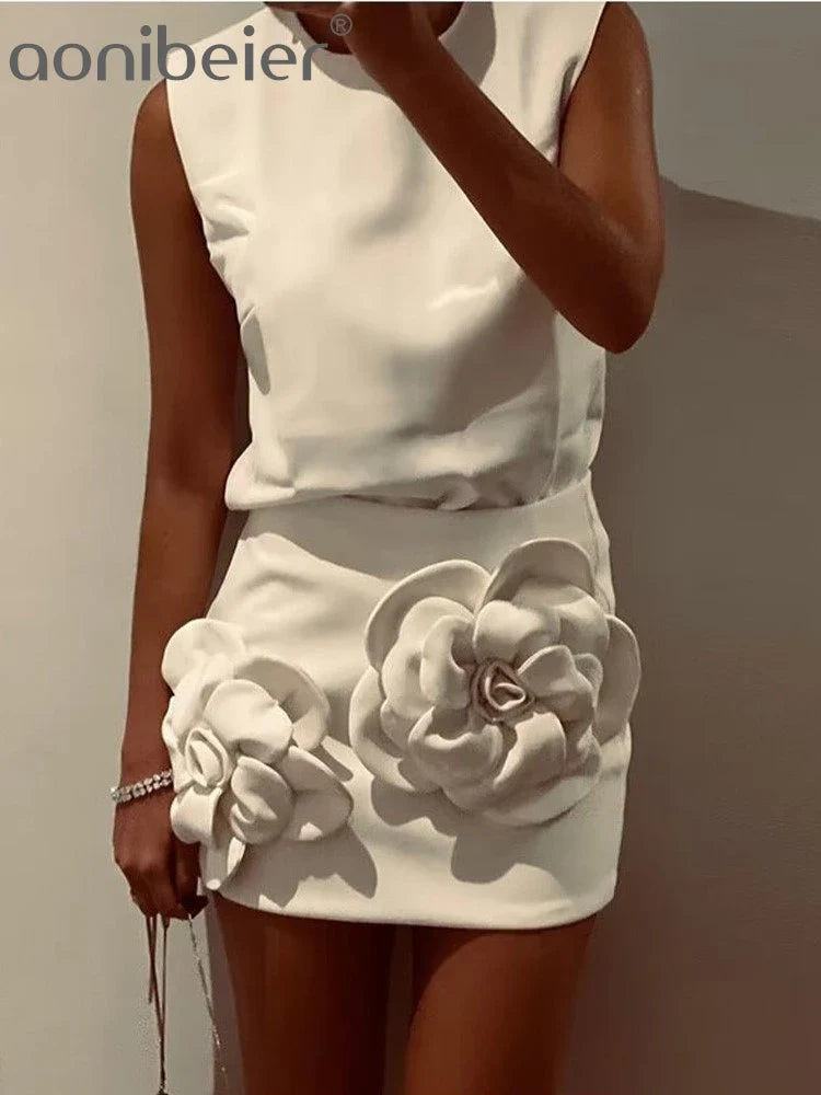 Aonibeier Y2K Extreme Short Women Mini Skirt Suits Traf Summer Flower Appliques Sleeveless Tanks Female Crop Top Sets White