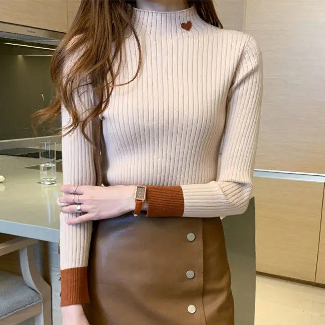 Bottoming shirt women's 2022 autumn and winter new Korean version slim half turtleneck knitted long-sleeved top thermal shirt Beige