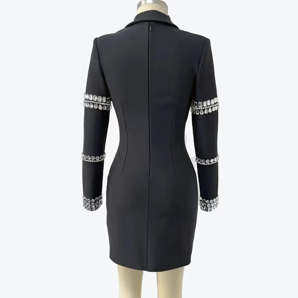 Solid Slimming Spliced Diamonds Dresses for Women Lapel Long Sleeves Patchwork Single Breasted Elegant Dress Female
