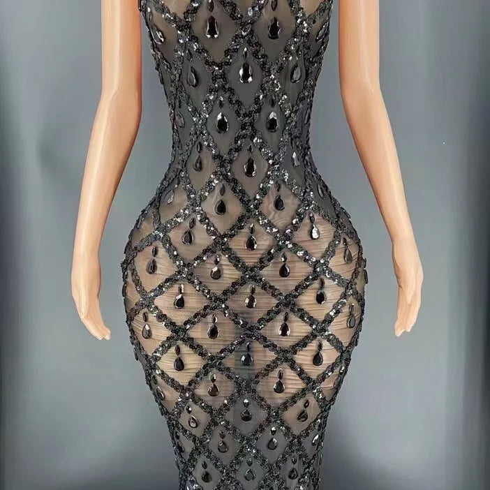 Flashing Silver Rhinestone Crystals Fringes Transparent Short Dress Birthday Celebrate Costume Evening Dancer Dress black