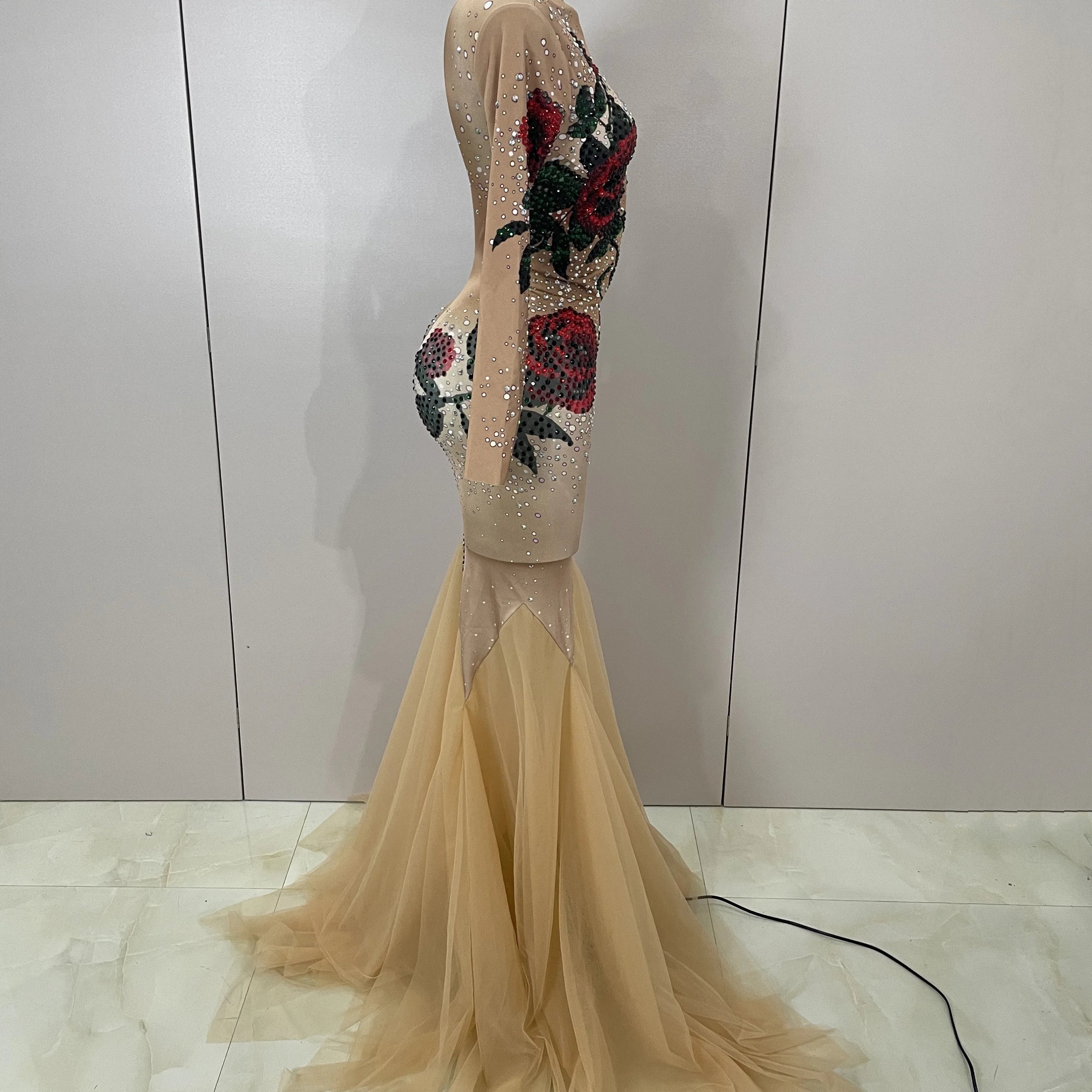 Sexy Shiny Rhinestone Rose Floral Floor-Length Dress Evening Women Eveing Celebrate Birthday Party Nightclub Performance Costume