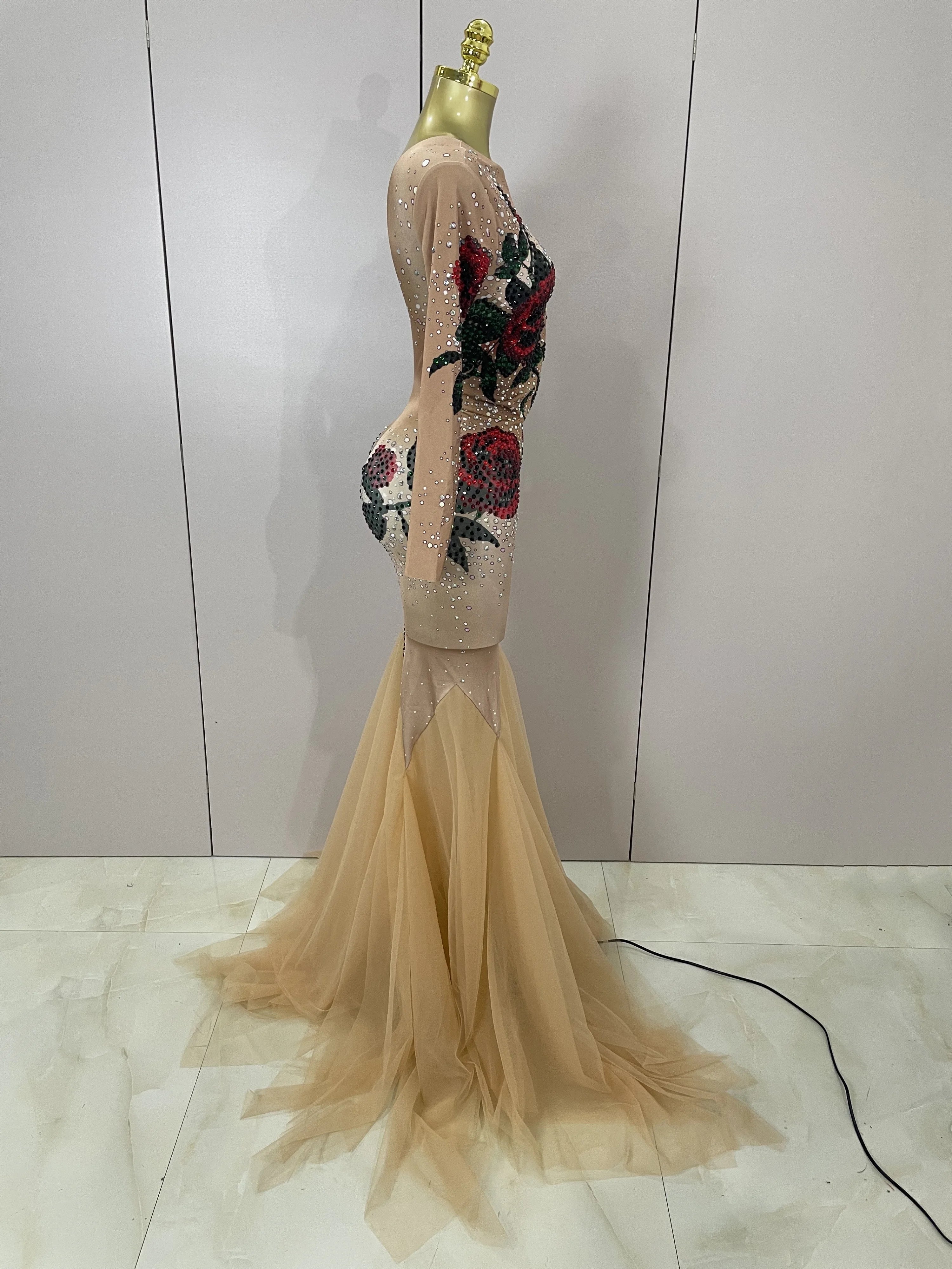 Sexy Shiny Rhinestone Rose Floral Floor-Length Dress Evening Women Eveing Celebrate Birthday Party Nightclub Performance Costume