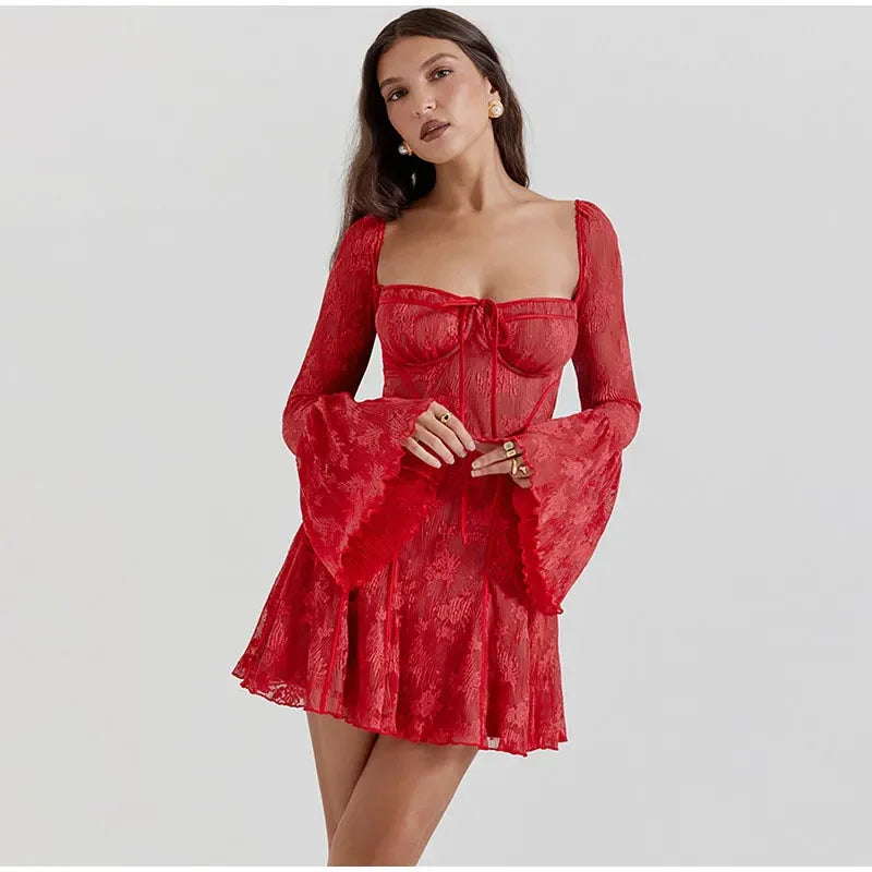 Vintage High Waist Lace A Line Mini Dress Women Elegant Spliced Flare Sleeve V Short Dresses Fashion Valentine's Day Party Robes