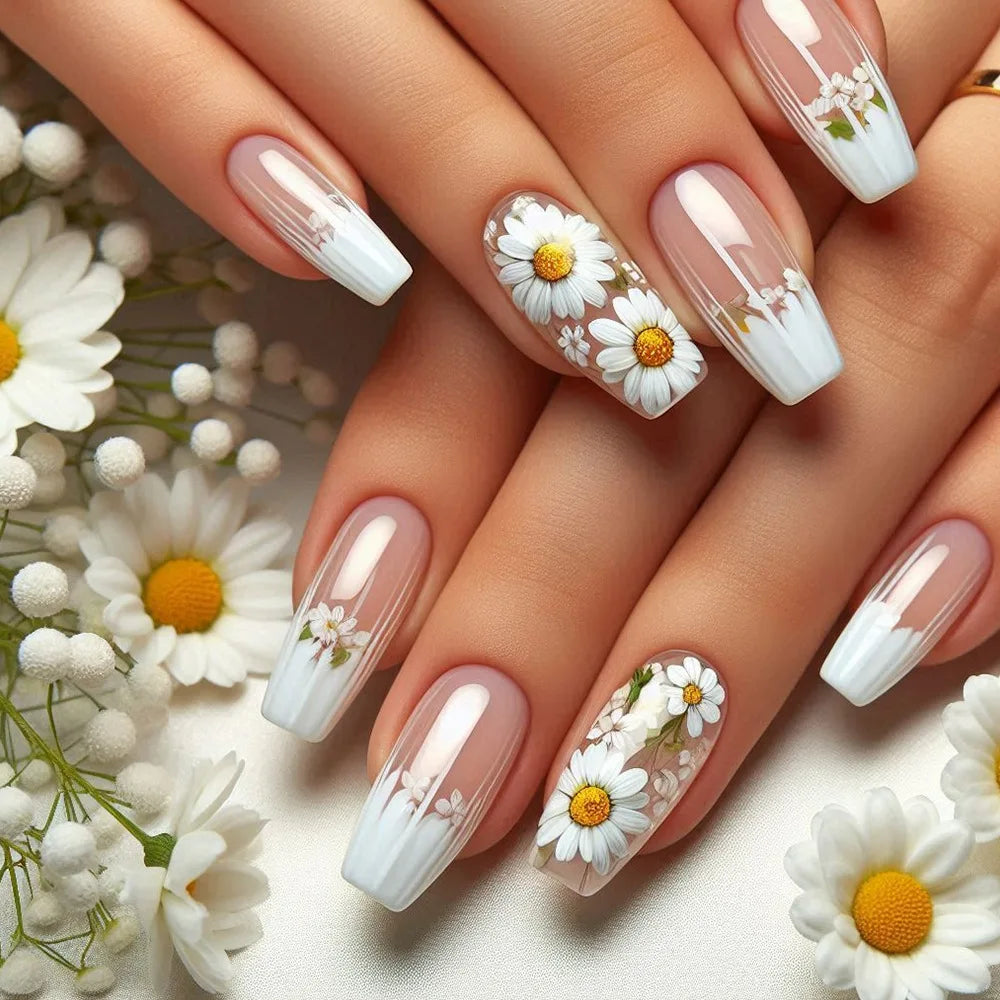 24Pcs Mid-length Ballet False Nails Press on Nails Spring Flowers Fresh Design Fake Nails with Glue Wearable Acrylic Nail Tips 6