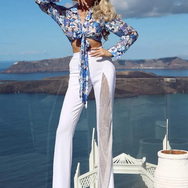 Women Summer Fashion Sexy Black Red White Crystal Dianonds Flare Bandage Pants 2022 Designer Knitted Bodycon Trouser Pants