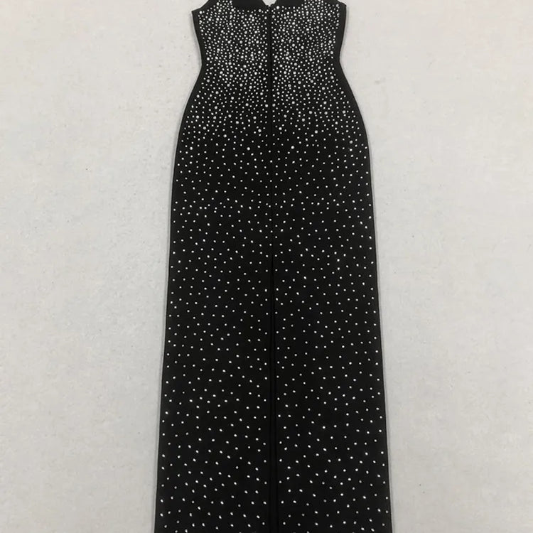New Women Sexy V Neck Diamonds Beading Black Maxi Long Celebrity Bodycon Bandage Dress 2025 Elegant Evening Club Party Dress