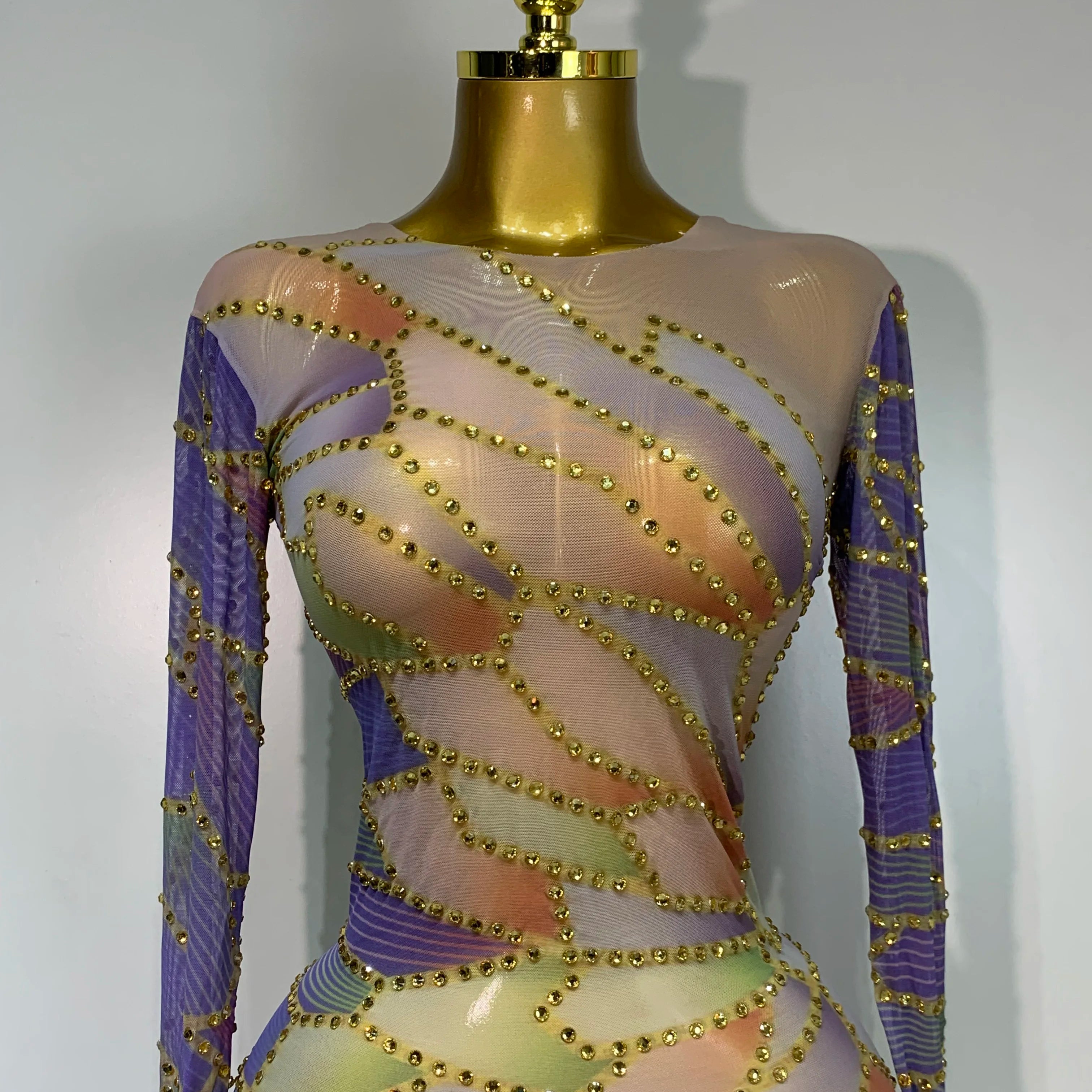 Sparkly Rhinestone Stretchy Mesh See Through Dress Women 2025 Performance Dancer Costume Luxury Birthday Nightclub Stage Outfit