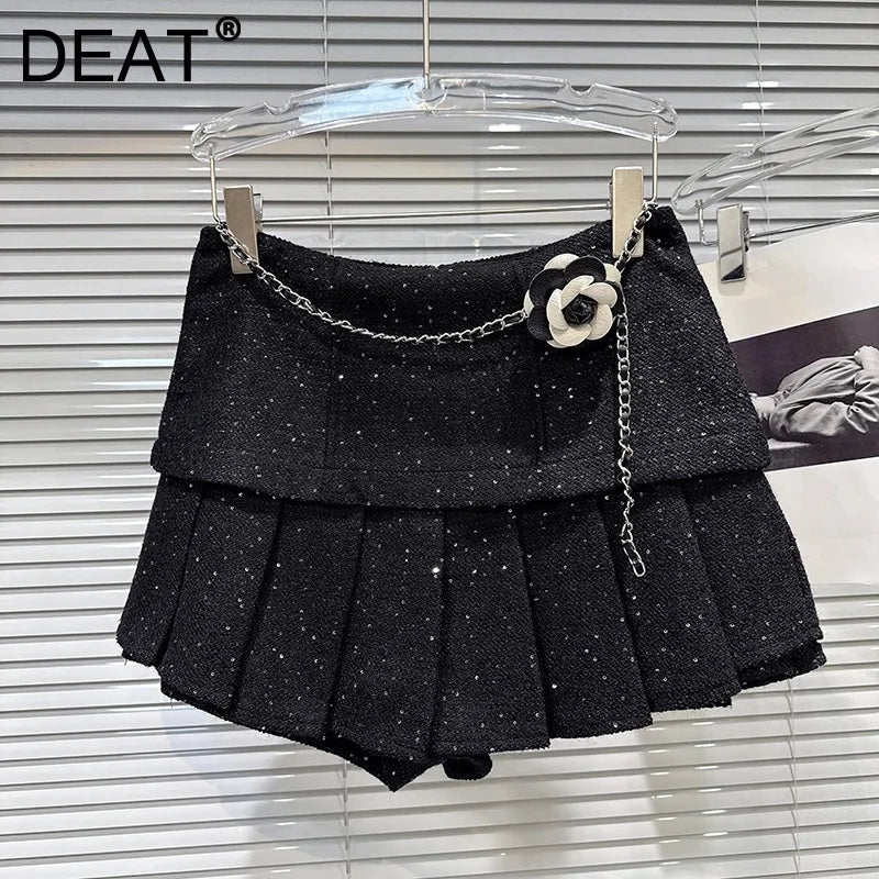 Winter New Fashion Waist Chain Tweed Pleated Skirt For Women Versatile Black Short Skirts Female Trend 11A07861