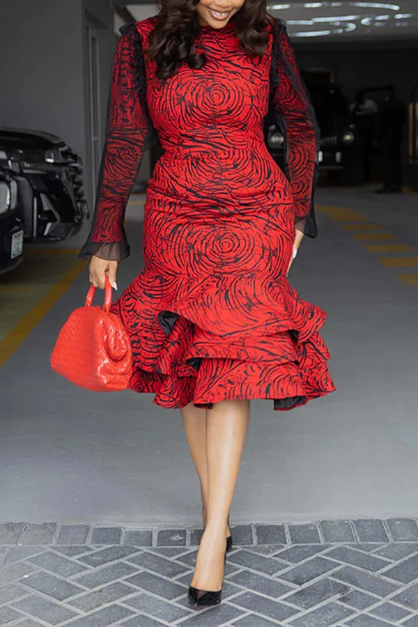 Women Long Sleeve mesh O-neck mult Ruffles Bodycon Midi Dress 2025 Africa OL Work Evening Sexy Party Dresses Vestidos Red