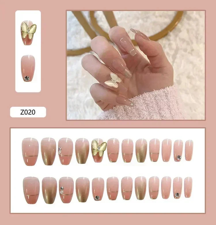 24Pcs False Nails French Gradient Ballet Fake Nails Press on Nails Black Heart Rhinestone Design Glitter Full Cover Nail Tips 33