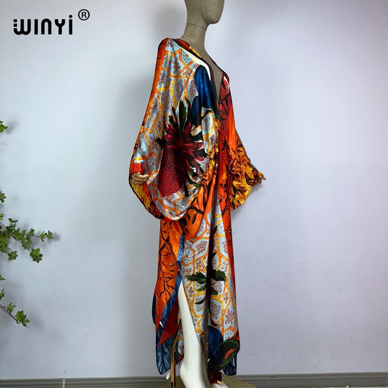 Sexy bech high-quality hand-rolled feel silk rayon fashion print 2024 WINYI Maxi Women's robes long beach V-neck Bohemian dress