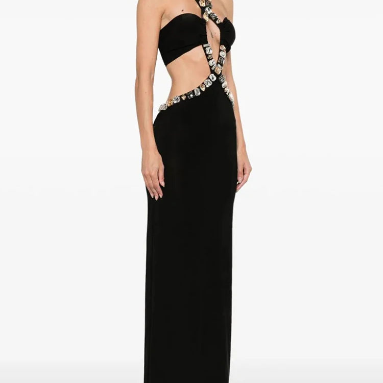 Sexy Halter Gold Chains Hollow Out Long Dress Black Sleeveless Backless Shiny Diamonds Bodycon Dresses Evening Party Gowns