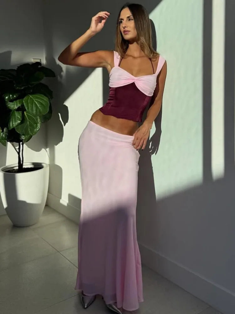 Mozision Sexy Skirt Two Piece Sets Women Halter Lace-up Cropped Tops And Maxi Skirt Ladies Fashion Sleeveless 2 Piece Sets