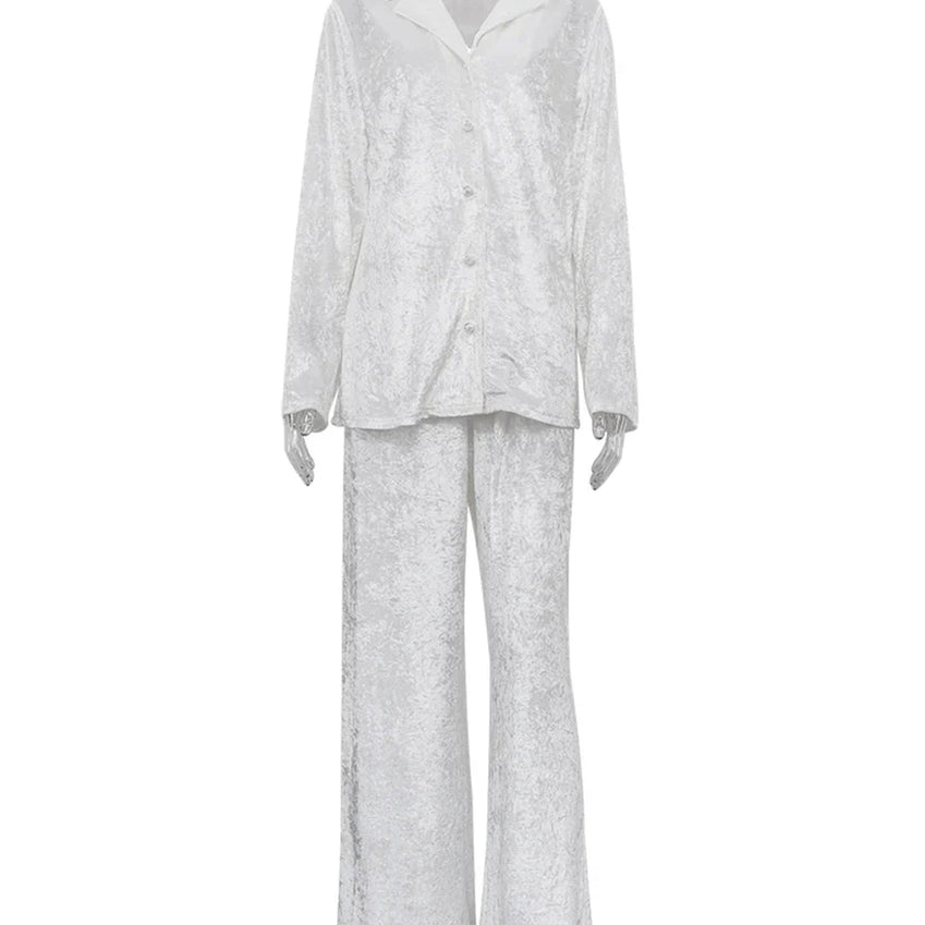 Clacive Winter Loose Home Suits Fashion White Velvet Pants Set Elegant Lapel Long Sleeve Blouses Two Piece Sets Womens Outifits