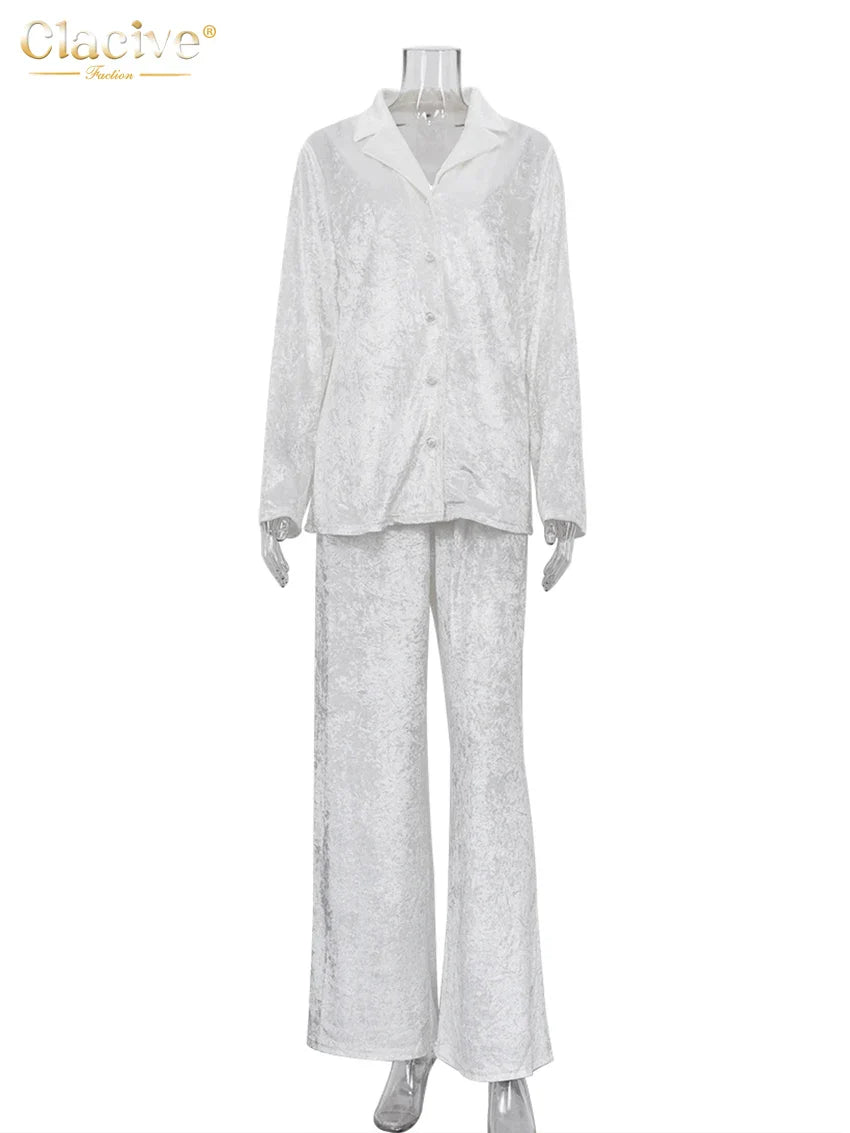 Clacive Winter Loose Home Suits Fashion White Velvet Pants Set Elegant Lapel Long Sleeve Blouses Two Piece Sets Womens Outifits