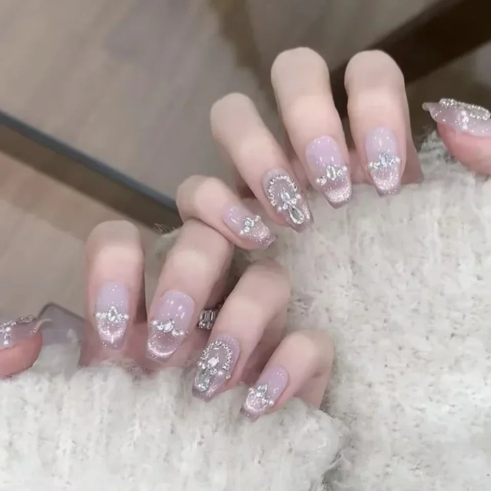 Shiny Crystal Glitter Powder Cat Eye Rhinestone Pearl Short Fake Nails Art Korean False Nails Zircon DIY Press on Nails Manicure MT2274GN028