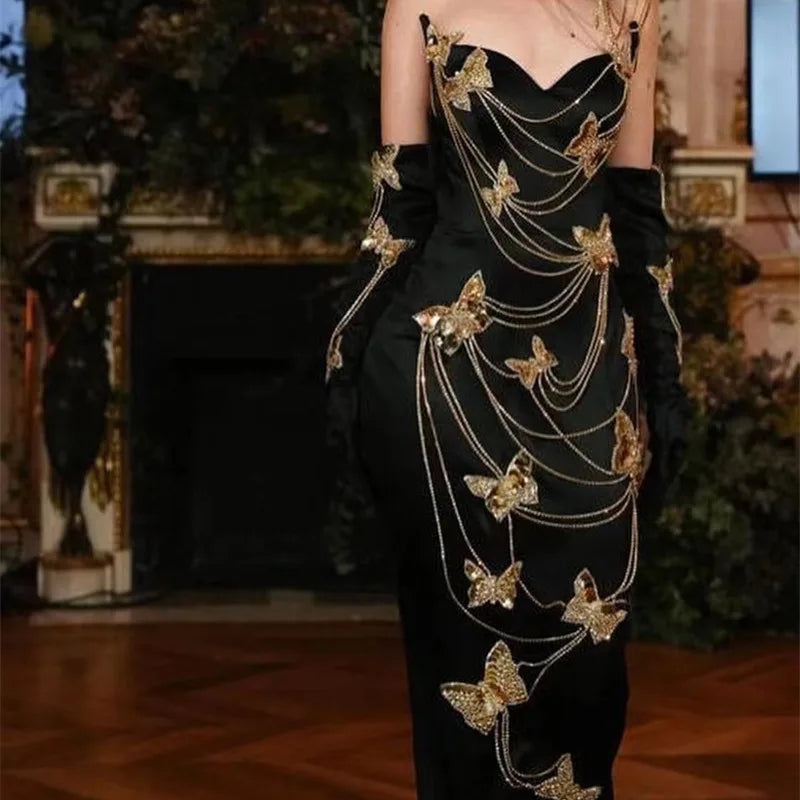 Fashionable Gloves Gold Shining Diamond Butterfly Strapless Black Long Dress Celebrity Luxury Evening Dress Performance costume