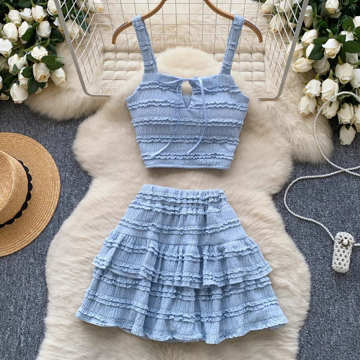 Beach Boho Women's Set Strap Sleeveless Tank Top and Ruched Mini A-line Skirts Two 2 Piece Sets 2025 Summer Outfits SKY BLUE One Size