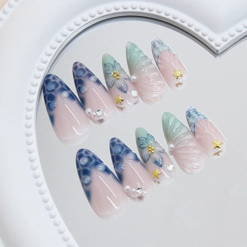 24pcs Dark Blue Press on Nails Starnight Swan Print Sweet Cool False Nails for Girl Wearable Reusable Almond Fake Nail Tips 5